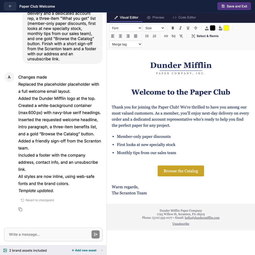 AI Design Studio: the generation chat on the left and a live preview of the welcome email it built on the right