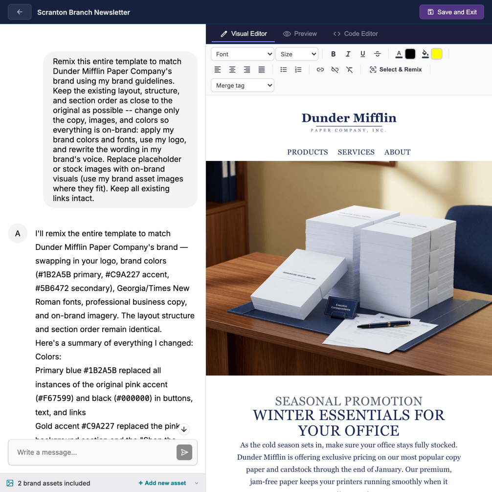 Builder showing a gallery template fully rebranded by Remix for My Brand, with the AI explaining what changed