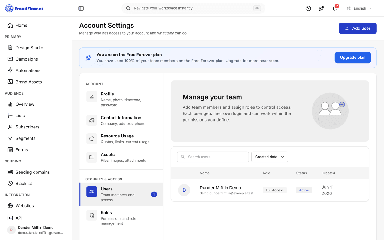 The Users page in account settings: a Manage your team panel with an Add user button and a table of team members showing name, role, status, and created date
