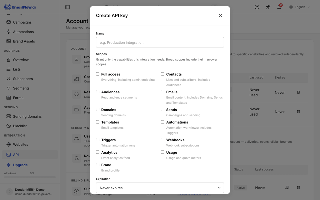 The create API key modal with a name field, a checkbox grid of permission scopes such as contacts, emails, automations and webhooks, and an optional expiry date picker