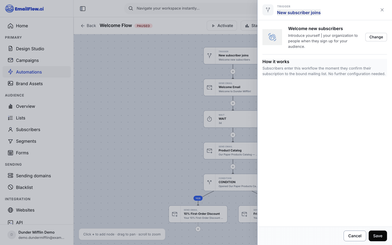 The trigger settings panel for a New subscriber joins trigger, explaining that subscribers enter the workflow the moment they confirm their subscription, with a Change button to pick a different trigger