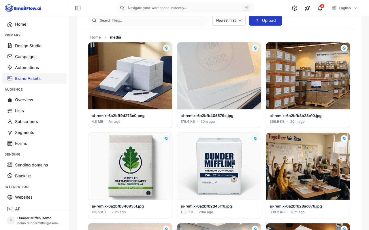 The Brand Assets library showing a grid of uploaded brand images — product photos, a logo badge, and AI-remixed seasonal graphics — with search, sort, and upload controls
