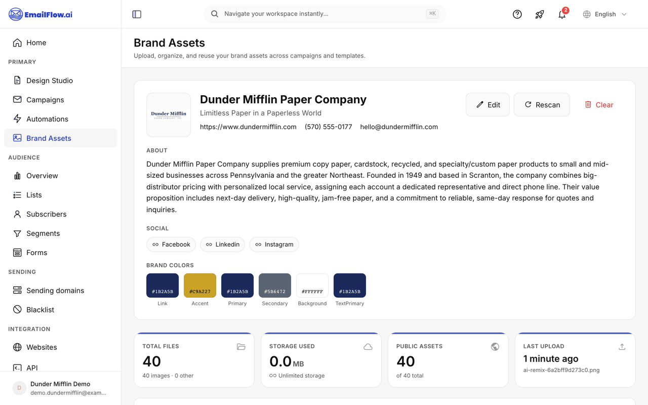 A completed brand profile after a website scan: company logo, description, social links, and a six-swatch brand color palette with named roles like primary, accent, and background