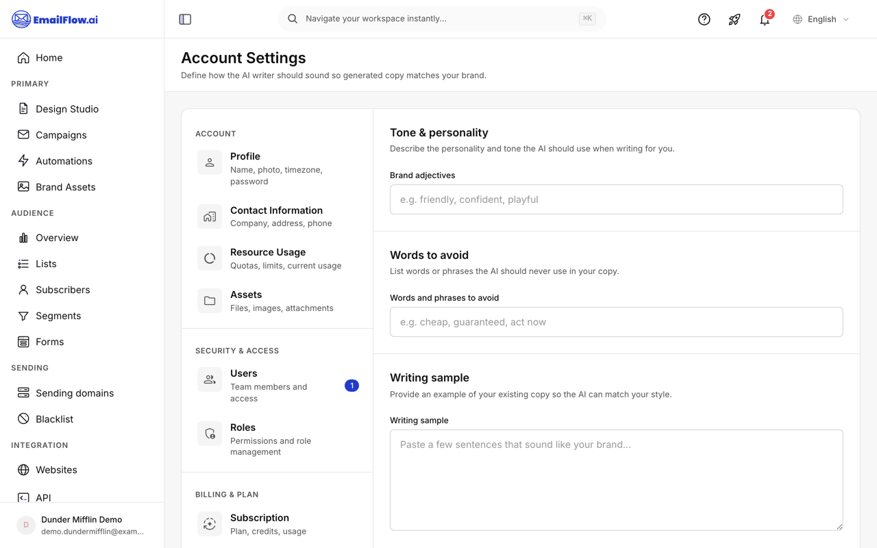 The Brand Voice settings page with fields for brand adjectives describing tone and personality, words and phrases the AI should avoid, and a writing sample to match your style
