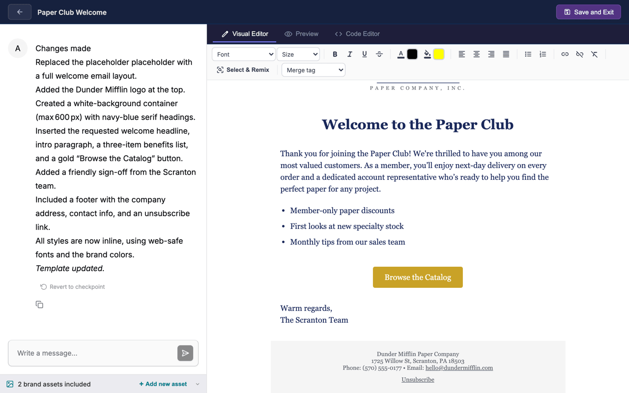 The AI Design Studio: a chat conversation on the left where the AI describes the edits it made, and a live preview of the branded email on the right
