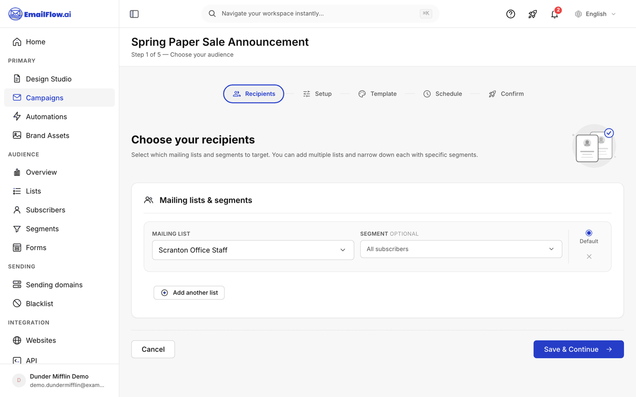 The Choose your recipients step of the campaign wizard: a mailing list picker set to a list, an optional segment dropdown beside it, and an Add another list button