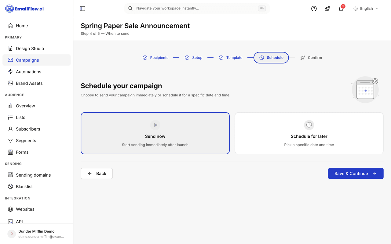 The Schedule step of the campaign wizard with two cards: Send now to start sending immediately after launch, and Schedule for later to pick a specific date and time