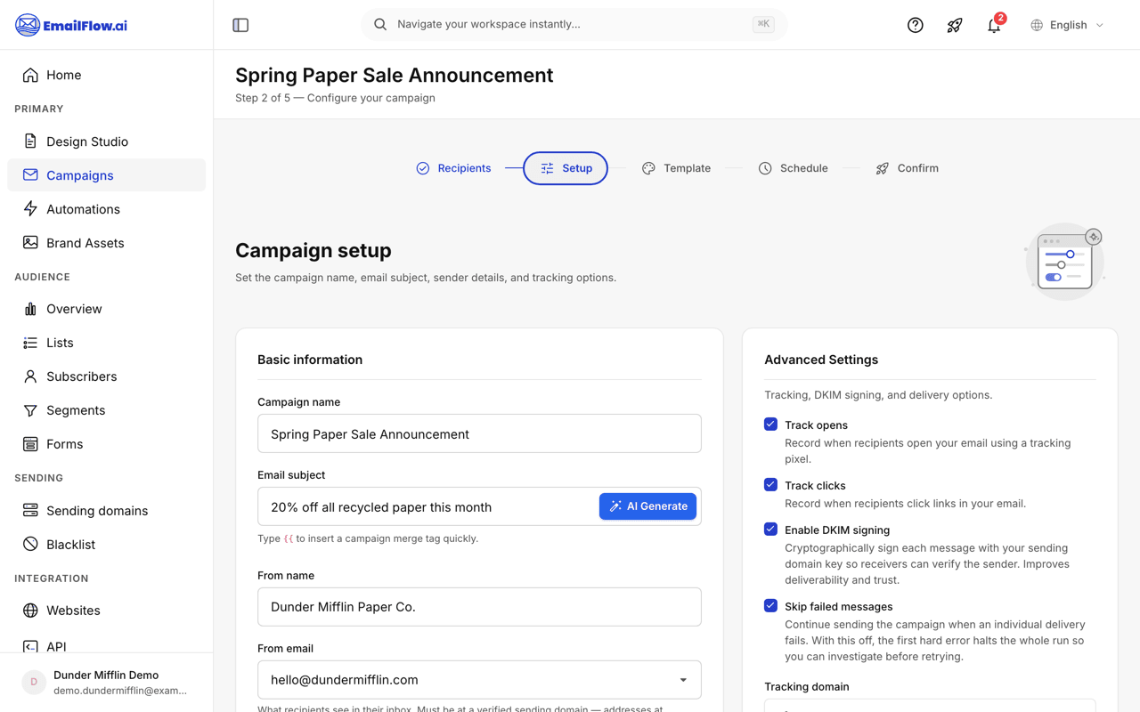 The campaign setup step with the From name and From email fields filled in with an address at the verified sending domain, alongside the subject and tracking options