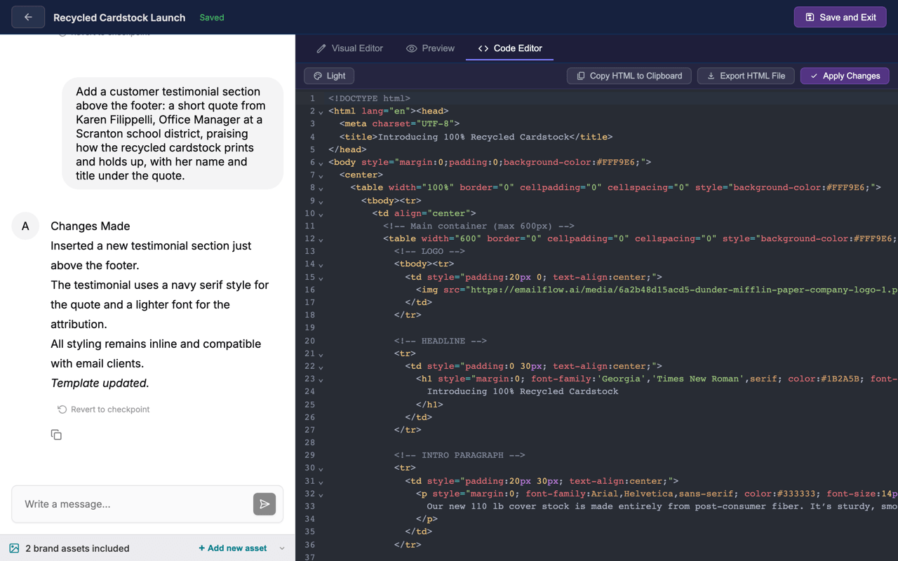 The Code Editor tab in the Studio: syntax-highlighted email HTML with line numbers, plus Copy HTML, Export HTML File, and Apply Changes buttons, alongside the chat history