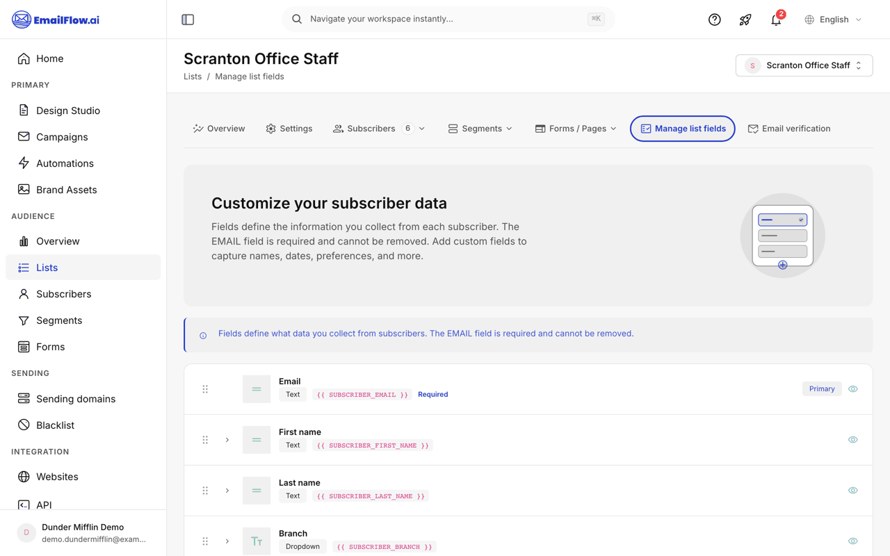 The Manage list fields page: the required Email field plus First name, Last name, and a custom Branch dropdown field, each showing its type and a copyable merge tag like SUBSCRIBER_BRANCH