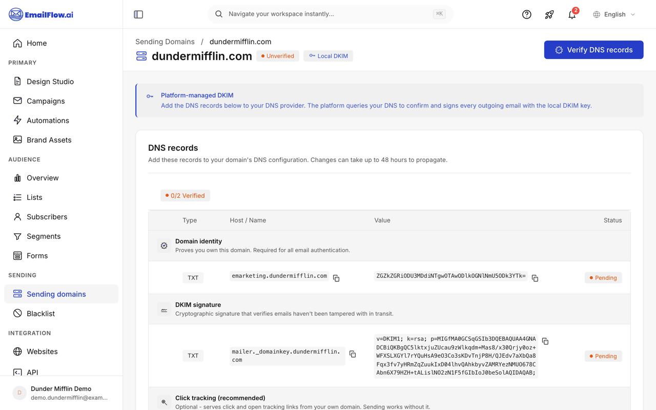 The DNS records table for a sending domain, with the Click tracking (recommended) section listed below the domain-identity and DKIM records — all published from the same page