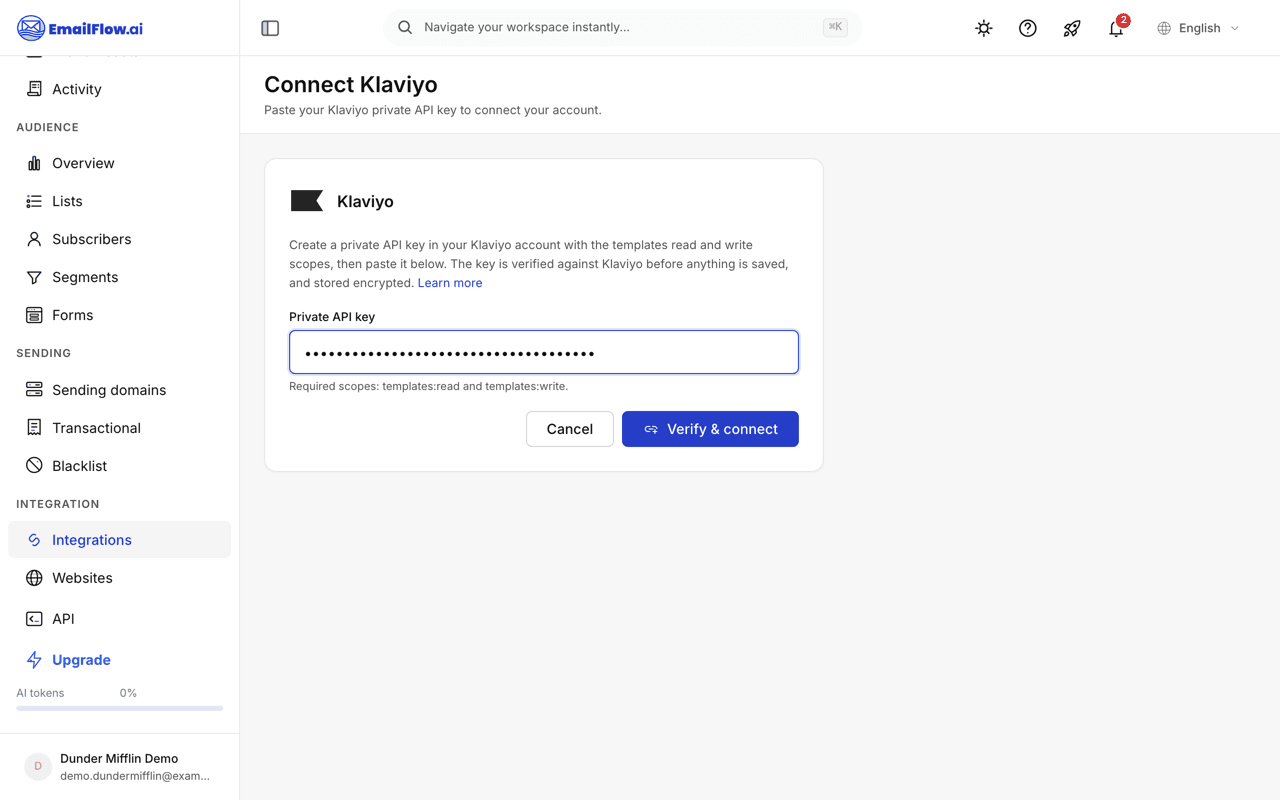 The Klaviyo connect page: a private API key field with instructions on which Klaviyo scope the key needs, and a Connect button