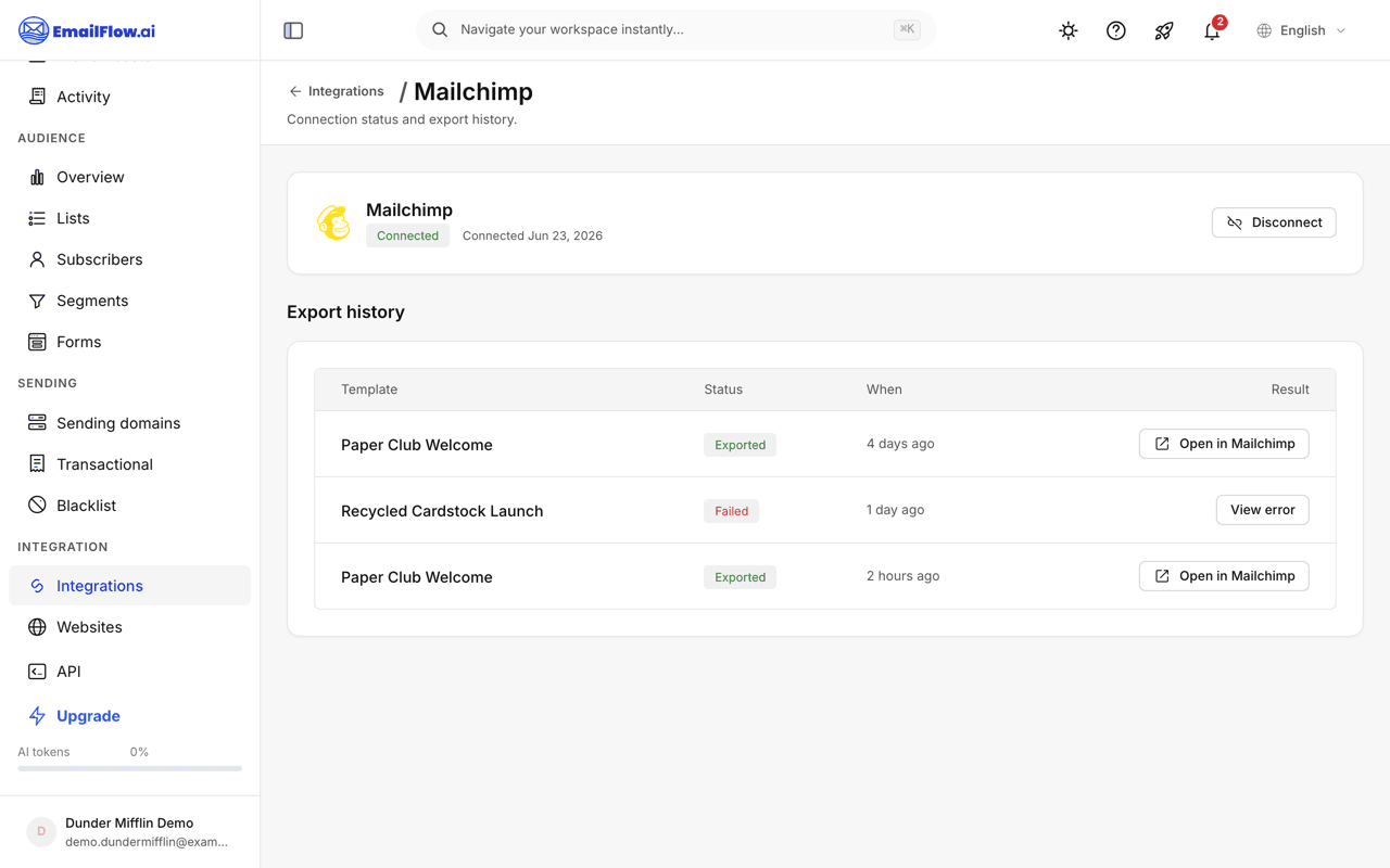 The Manage connection page for an ESP: connection status card with Disconnect, above a table of past exports with status badges, timestamps, and links to the exported artifact