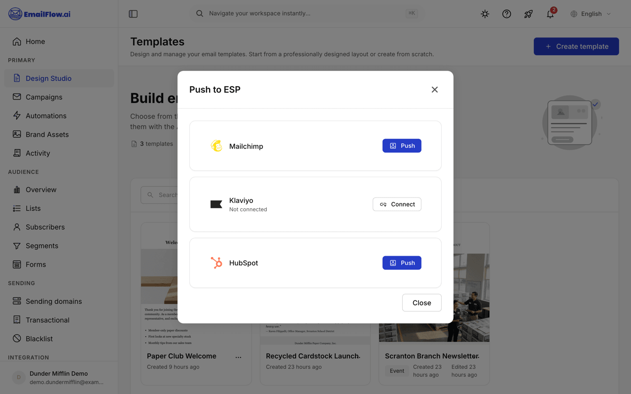 The Push to ESP dialog listing Mailchimp, Klaviyo, and HubSpot: connected providers show a Push button, unconnected ones a Connect link