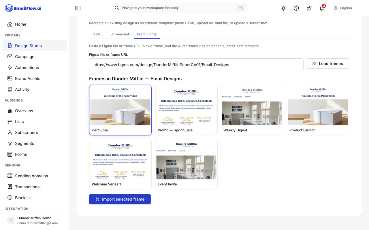 The From Figma tab on the import screen: a Figma URL field above a grid of frame thumbnails with names and page labels, one frame selected, and an Import selected frame button below