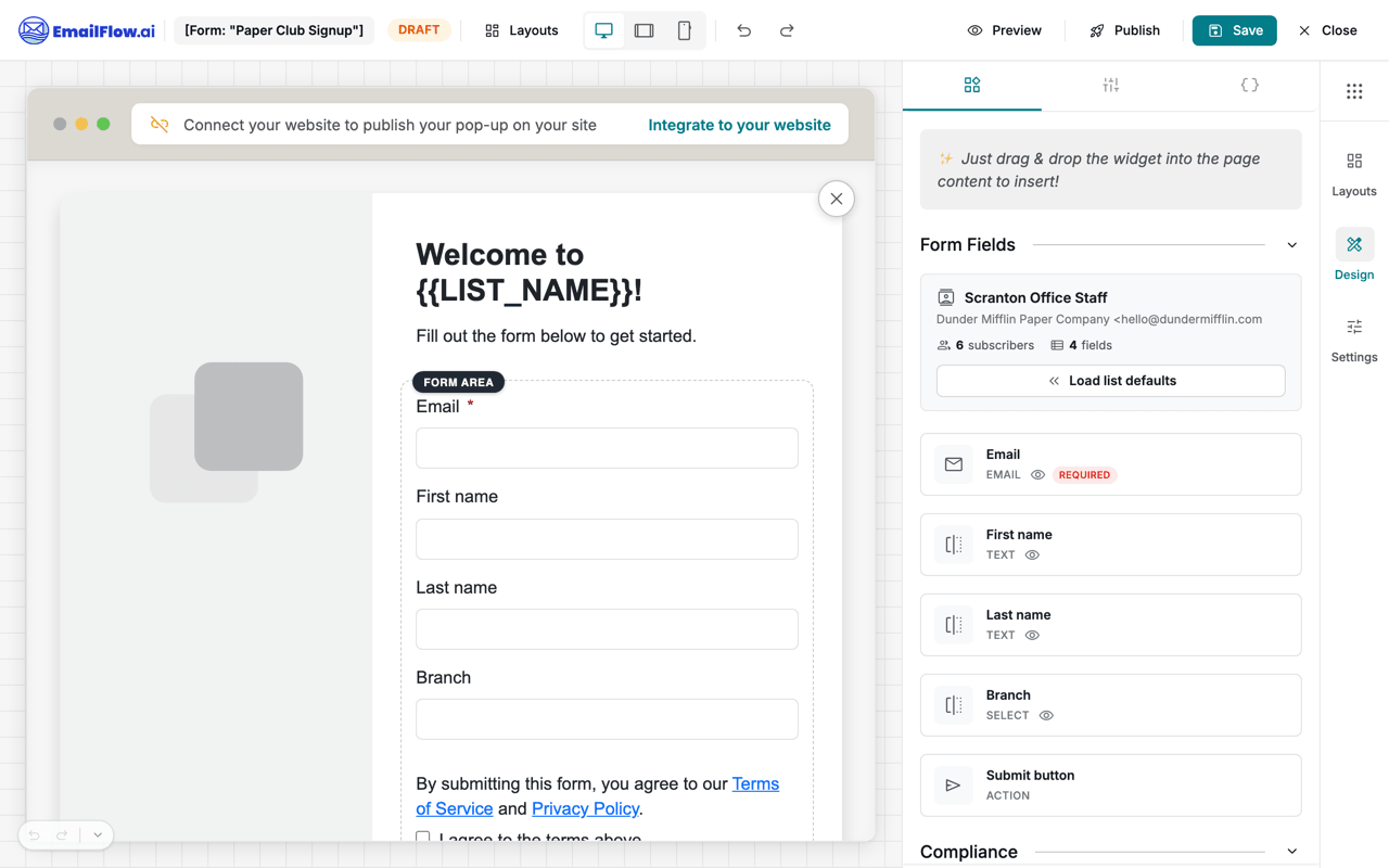 The form builder: a live popup preview with email, first name, last name, and a custom Branch field, beside a panel listing the bound list, its available fields, and a Load list defaults button