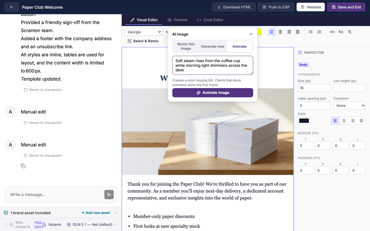 The image popover in Animate mode over a hero image in the builder: a prompt describing steam rising from a coffee cup in shimmering morning light, a note explaining that clients which block animation show the first frame, and an Animate Image button