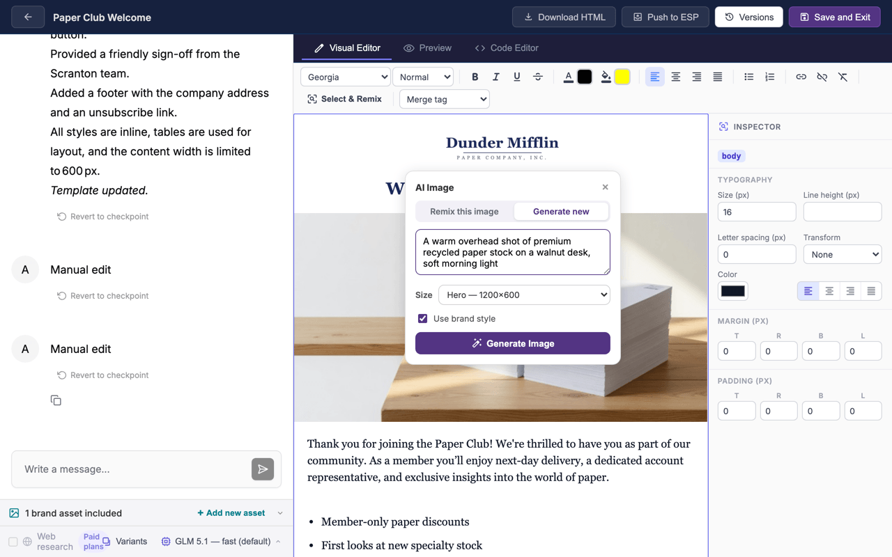 The image popover in Generate new mode over an email in the builder: a prompt describing a photo of recycled paper stock on a desk, a Hero 1200 by 600 size preset, a checked Use my brand image style checkbox, and a Generate Image button