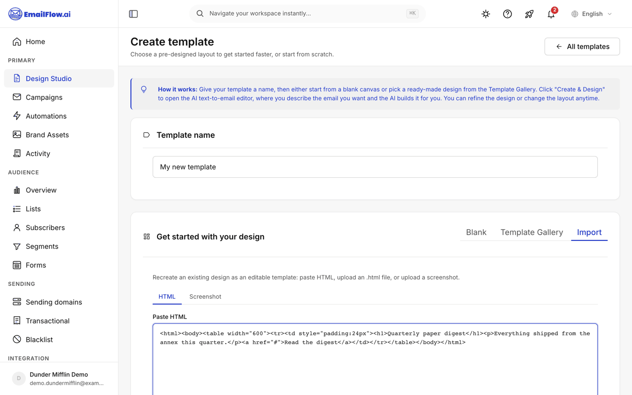 The Import tab on the create-template screen with an HTML paste box, an .html file upload, an Adapt-to-my-brand option, and a Screenshot sub-tab for recreating a design from an image