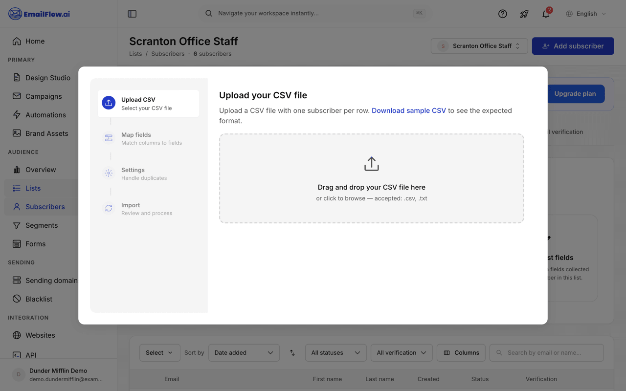 The CSV import wizard: a four-step sidebar (Upload CSV, Map fields, Settings, Import) with a drag-and-drop upload area and a Download sample CSV link