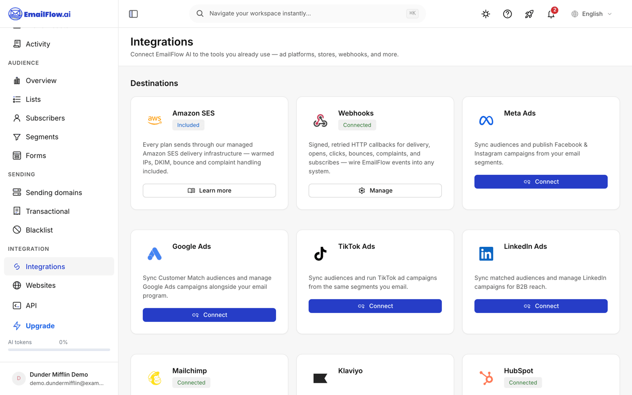 The in-app integrations directory: cards grouped by category, each with a logo, description, connected badge, and a Connect or Manage button