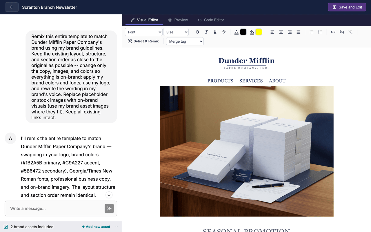A remix conversation in the Studio: the user asks to remix the template to match their brand, and the AI lists every change it made — brand navy and gold colors, the company logo, and rewritten copy — beside the rebranded email preview