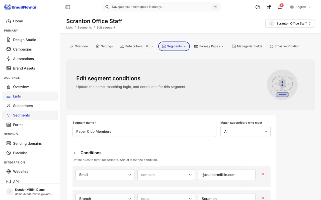 The segment editor: a segment with Match All logic and two conditions — email contains a company domain, and a custom Branch field equal to a specific value — each row with field, operator, and value dropdowns