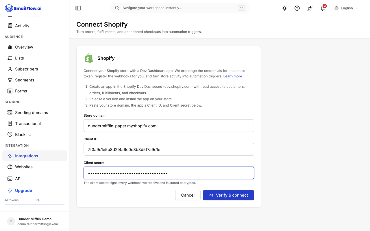 The Shopify connect form: fields for shop domain, client ID, and client secret, with numbered Dev Dashboard setup instructions alongside