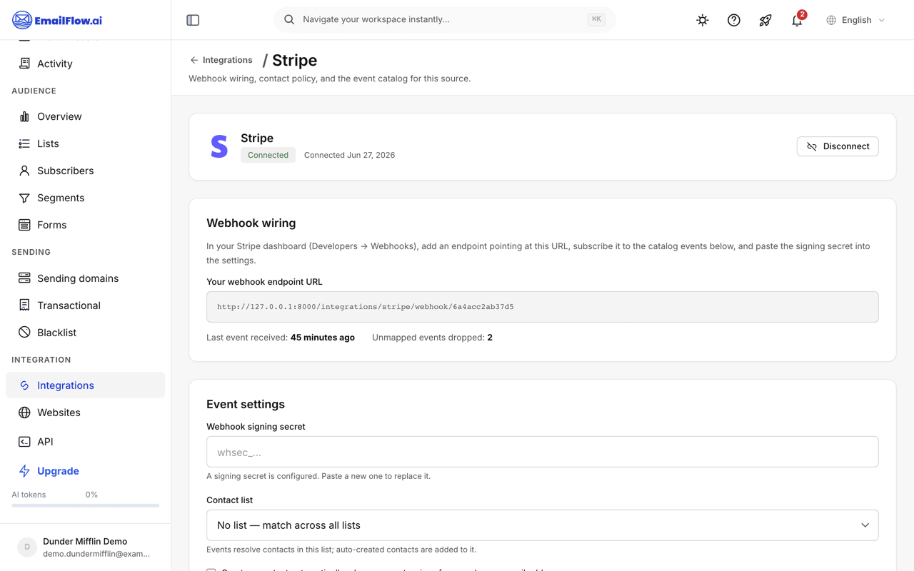The Stripe connection page: a connected status card, the webhook wiring section with the per-account endpoint URL, last-event heartbeat, and dropped-event counter, and the event settings form with the signing-secret field