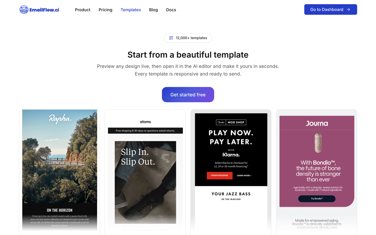 The template gallery: a grid of real email designs — newsletters, product launches, and referral campaigns — each card showing a live preview of the full email