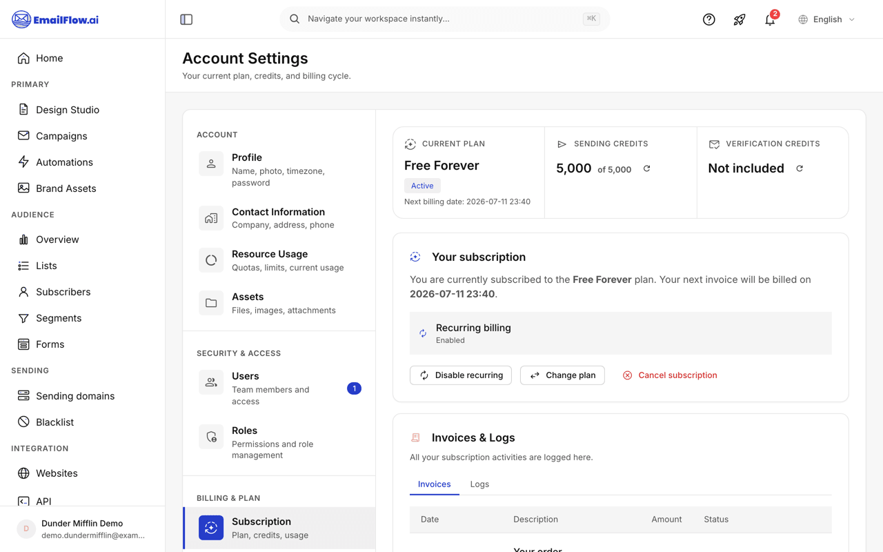 The Subscription page: the current plan with its status and next billing date, sending and verification credit meters, recurring-billing controls, and Change plan and Cancel subscription buttons