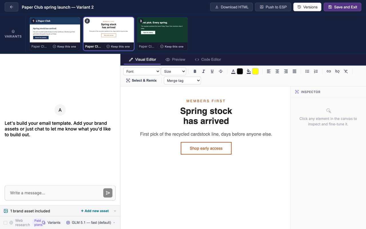 The variant strip above the Design Studio editor showing three side-by-side email design variants with the active one highlighted and a Keep-this-one button on each thumbnail