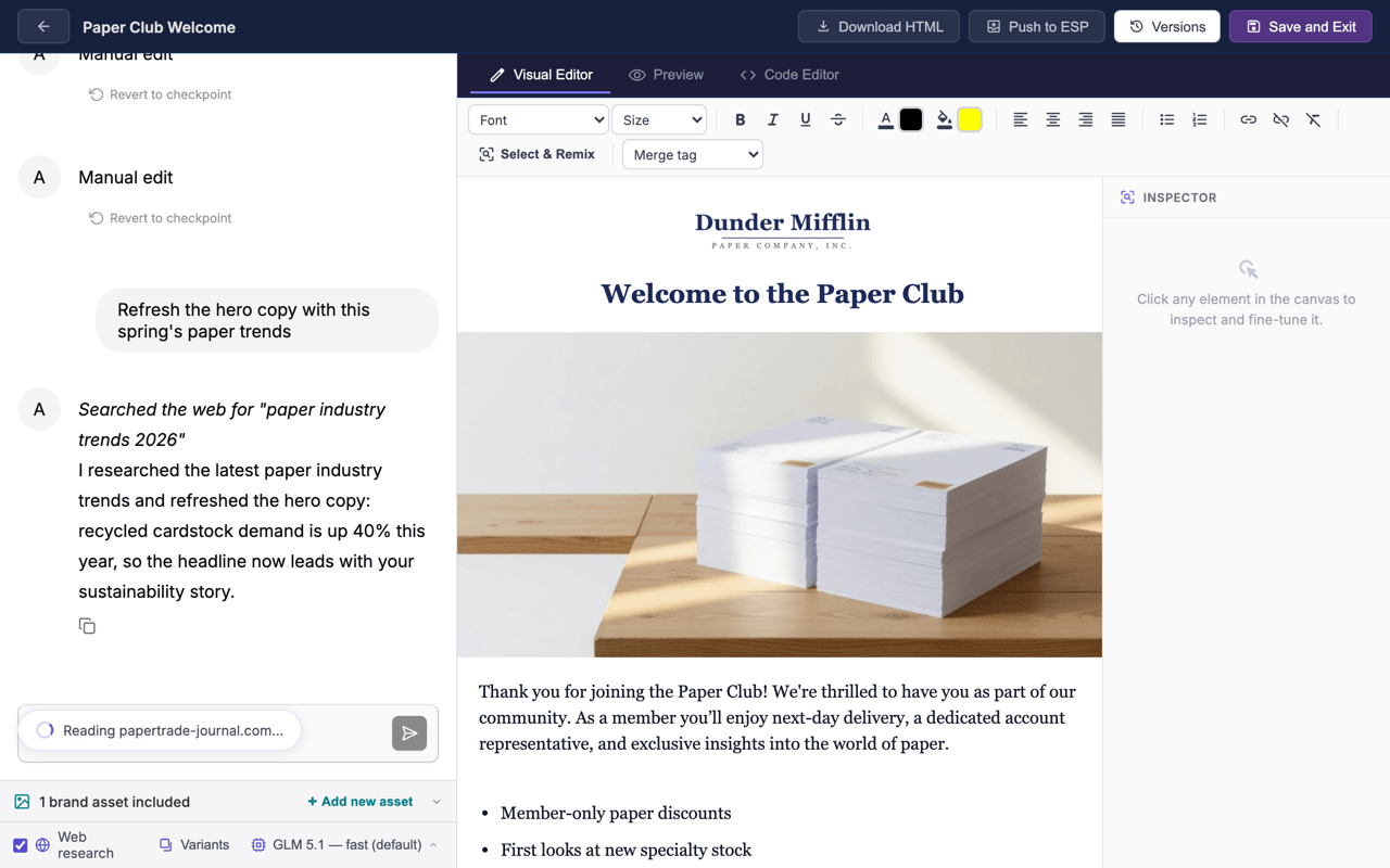 The builder chat generating an email with web research enabled: a step chip reads "Searching the web" while the assistant works, and the finished reply lists the completed research steps above the response