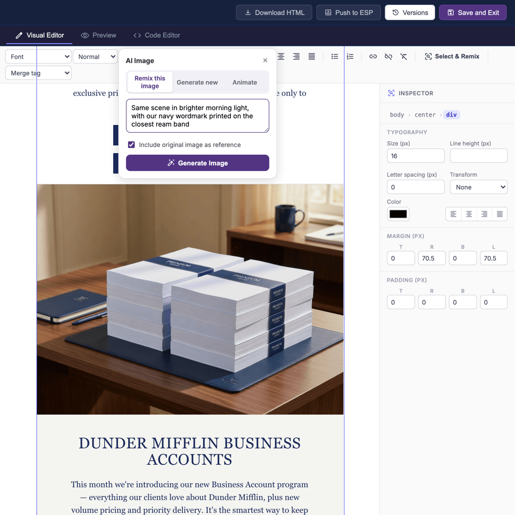 AI Image Remix form open over an email image, with an image-to-image prompt and reference toggle