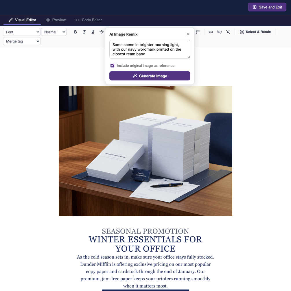 AI Image Remix form open over an email image, with an image-to-image prompt and reference toggle