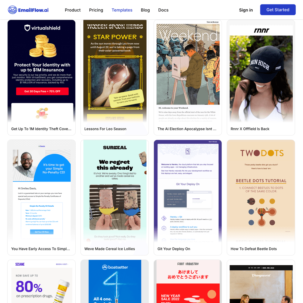 Template gallery grid with live previews of professionally designed emails