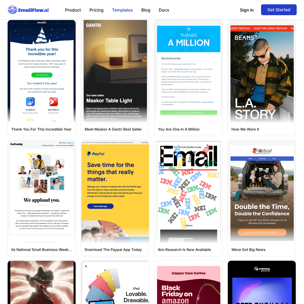 Template gallery grid with live previews of professionally designed emails